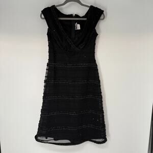 VTG 90s Tadashi Dress Women 6 Black Mesh Sequin Ruffle V-Neck Party Cocktail USA